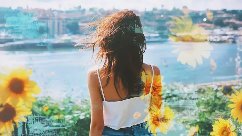 Girl in White Top with Sunflowers