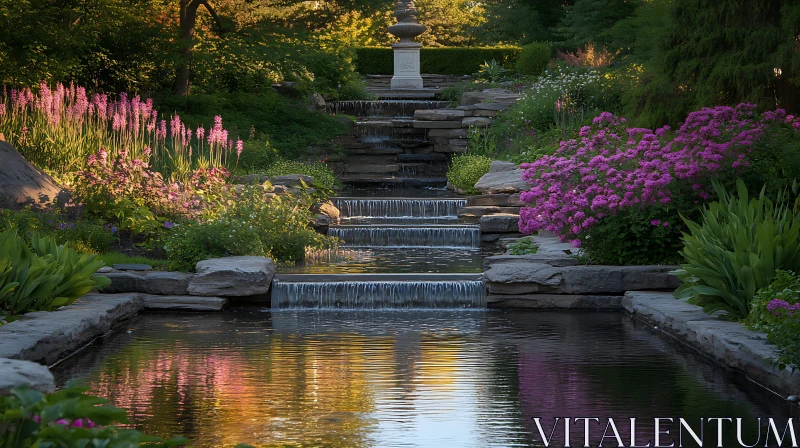 Cascading Waterfalls in Lush Garden AI Image