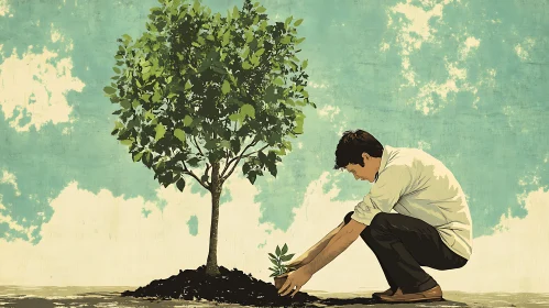 Man Planting Sapling Near Mature Tree