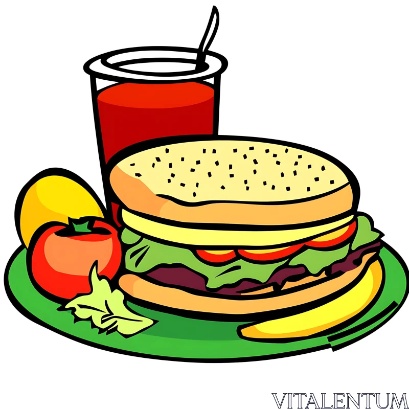 Illustrated Meal: Hamburger, Fruits, and Drink AI Image