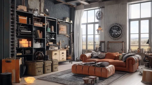 Steampunk Styled Interior with Leather Sofa