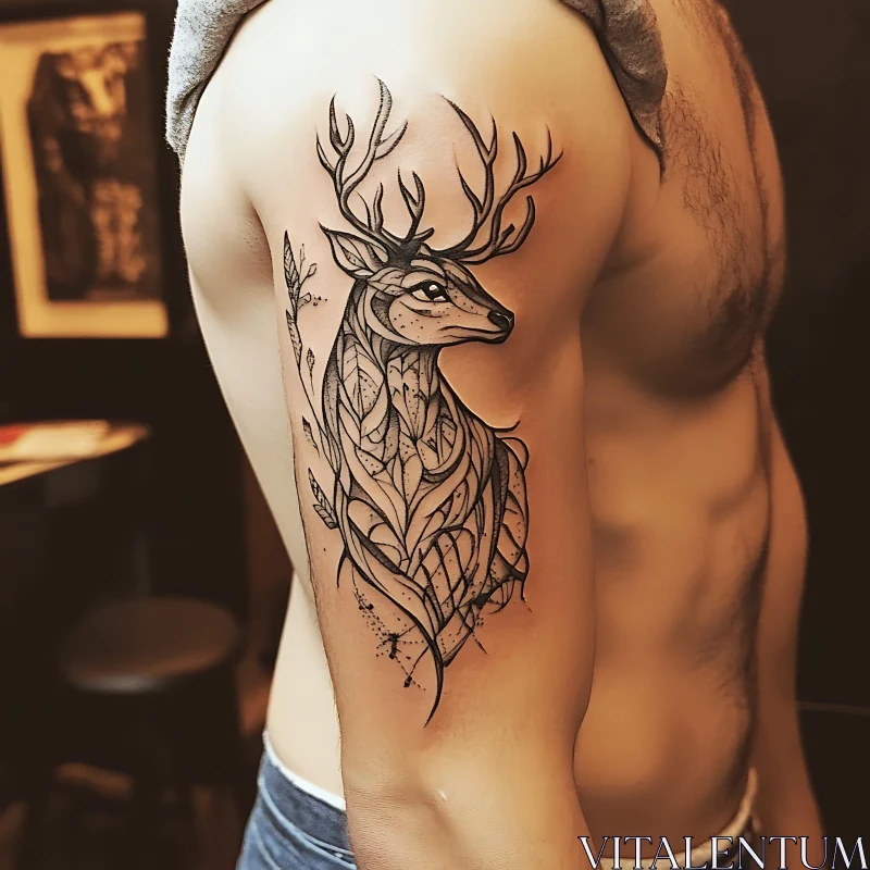 Intricate Black-Ink Deer Tattoo Design AI Image