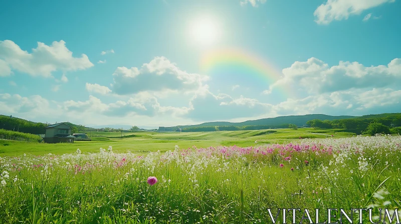 Floral Meadow Under Rainbow Sky AI Image