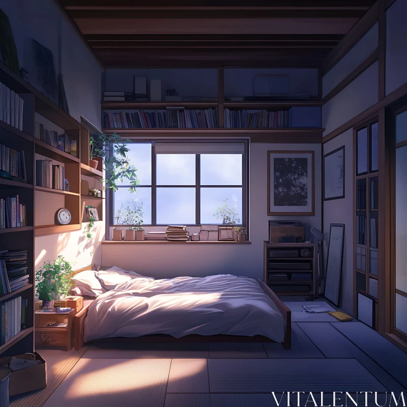 AI ART Sunlit Bedroom with Bookshelves