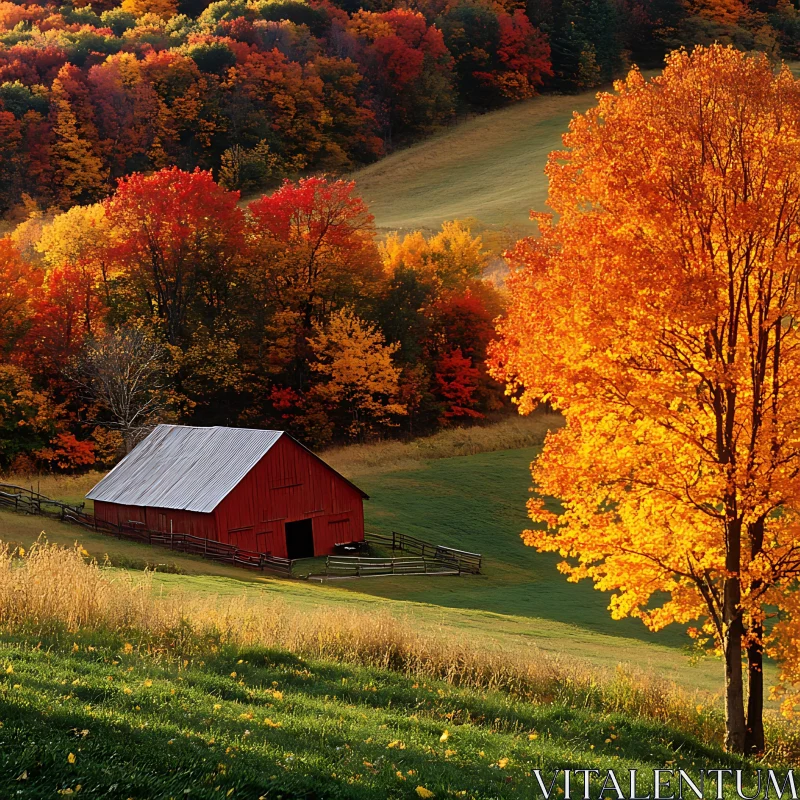 Scenic Fall Landscape with Red Barn AI Image