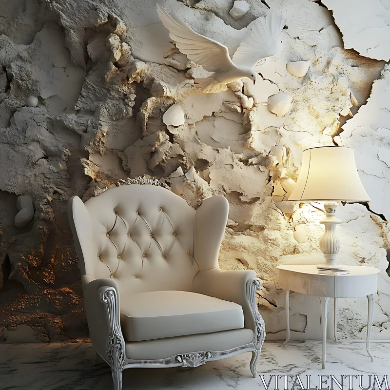 White Chair and Dove Art Piece AI Image