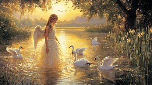 Serene Angel with Swans Painting