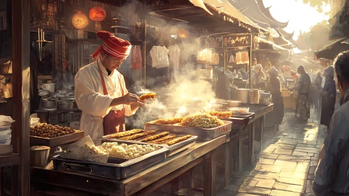 Street Vendor Cooking at Market Stall