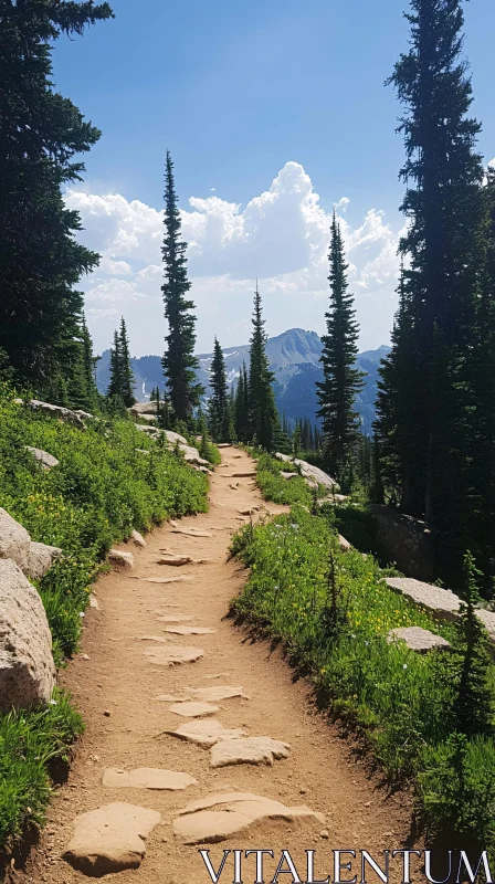 AI ART Mountain Trail with Evergreen Trees and Scenic View