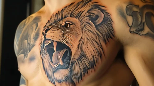 Intricate Roaring Lion Chest Tattoo Design