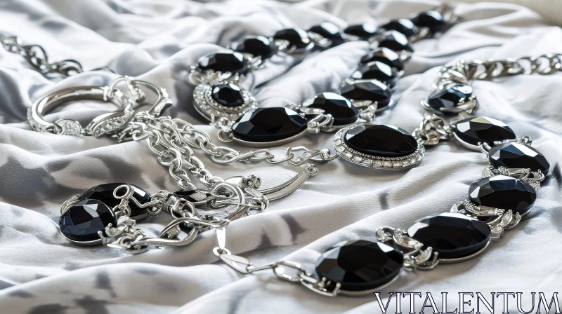 Elegant Black Jewelry Set on Draped Silver Silk AI Image
