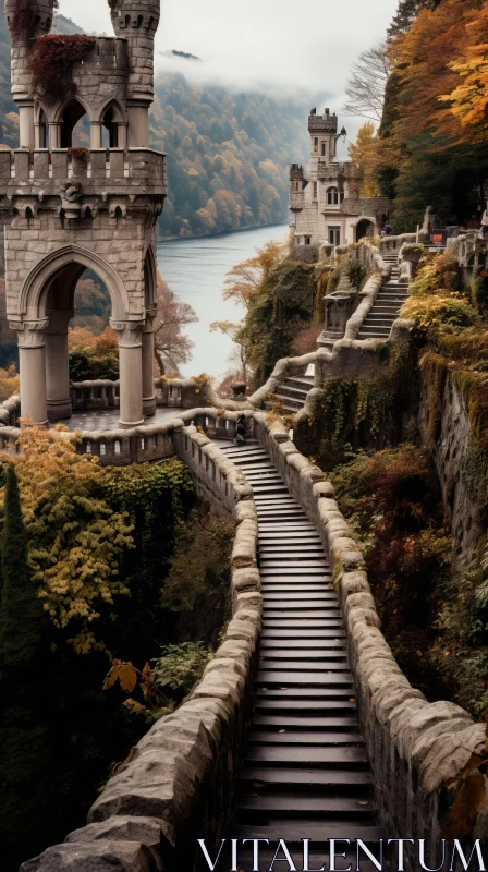 Enchanting Castle Stairs in Autumn - Captivating Mystery AI Image