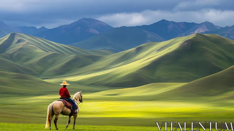 Equestrian Journey in a Serene Landscape AI Image