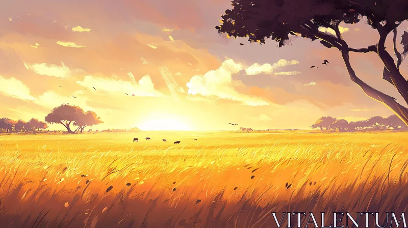 AI ART Tranquil Savanna Sunset Landscape Art