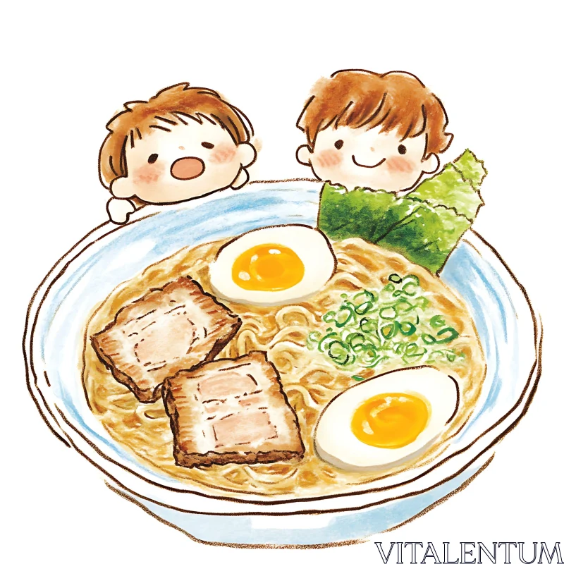 Illustrative Ramen Delight with Boiled Eggs and Happy Children AI Image