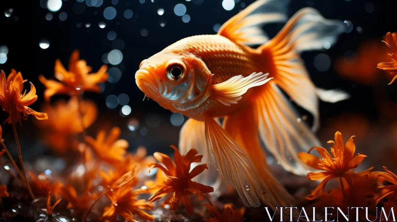 Golden Fish Swimming in a Floral Rain Shower AI Image