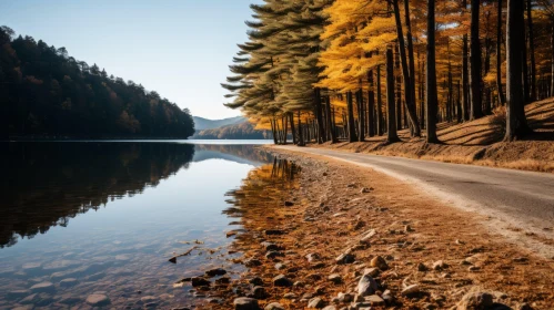 Golden Hued Country Road by Serene Lake Amidst Trees