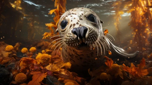 Underwater Journey: Young Seal Amidst Orange Leaves