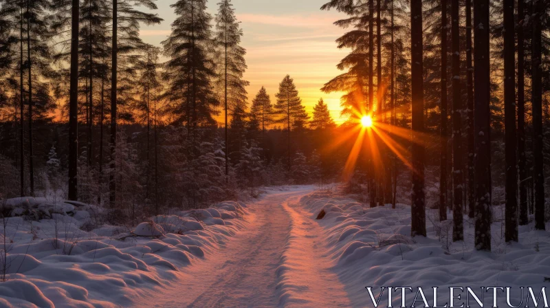 Winter Sunrise in a Snow-Covered Forest - Capturing the Beauty of Nature AI Image