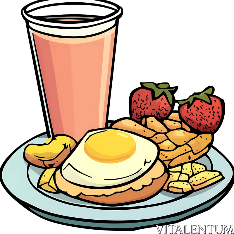 Cartoon Breakfast Image with Egg, Waffles, Juice, and Strawberries AI Image