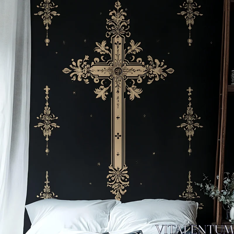 AI ART Golden Crosses on Bedroom Wall