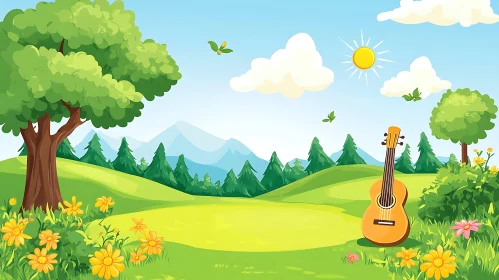 Serene Cartoon Scene with Guitar