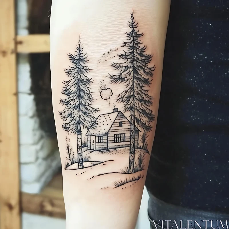 Ink Art of Woodland Cabin and Pines on Forearm AI Image