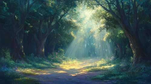 Sunlit Path in a Tranquil Forest