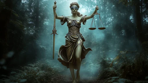 Statue of Justice in Misty Woods