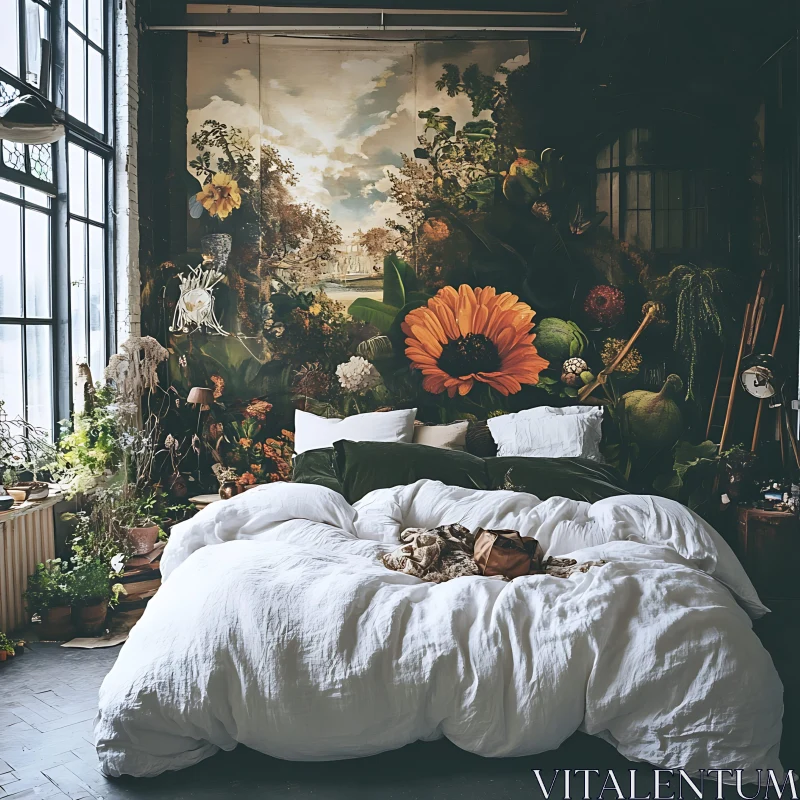 AI ART Cozy Bedroom with Floral Wallpaper