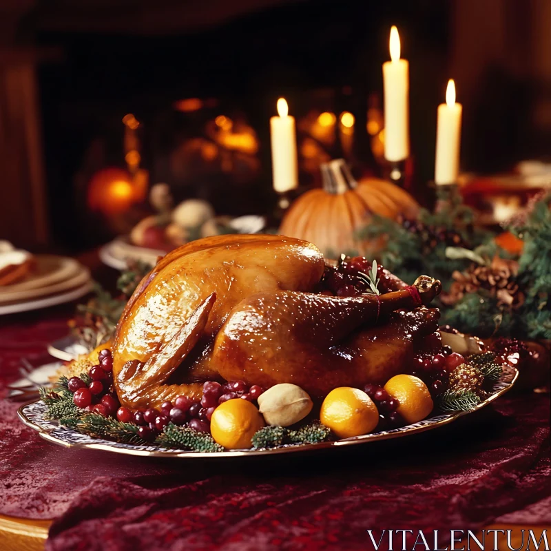 Glistening Roasted Turkey with Festive Garnishes AI Image