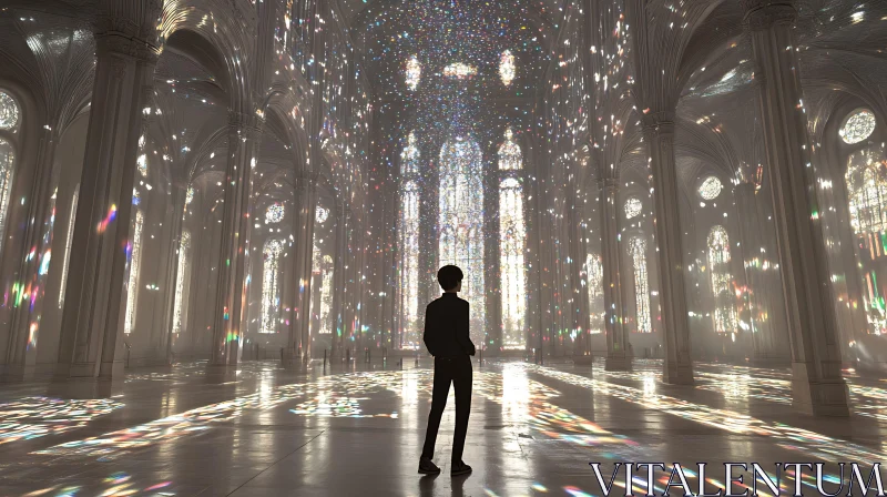 Cathedral Interior Featuring Stained Glass and Silhouetted Figure AI Image