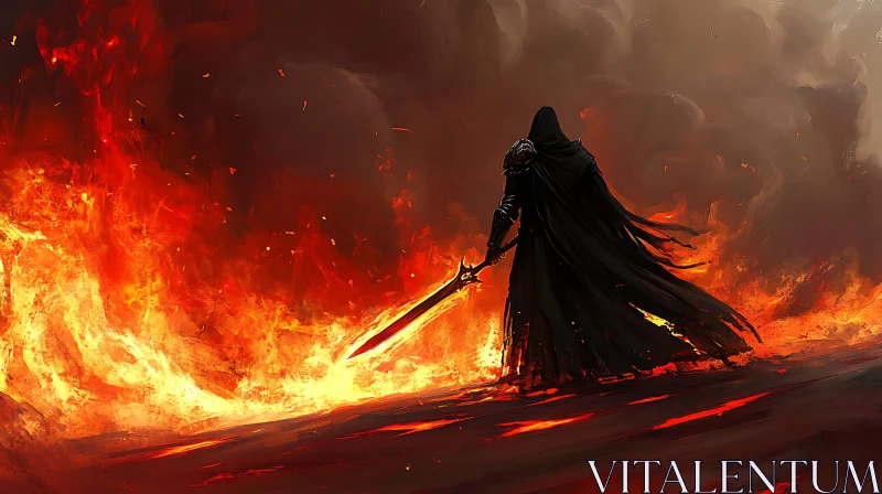 AI ART Cloaked Warrior in Fiery Landscape