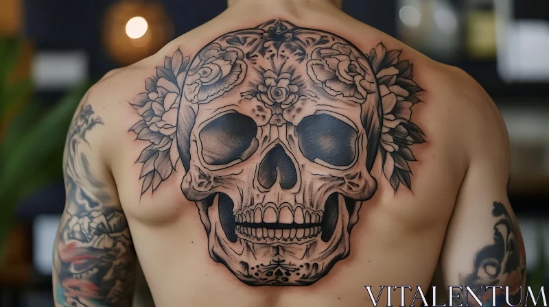 Skull and Floral Back Tattoo Art AI Image