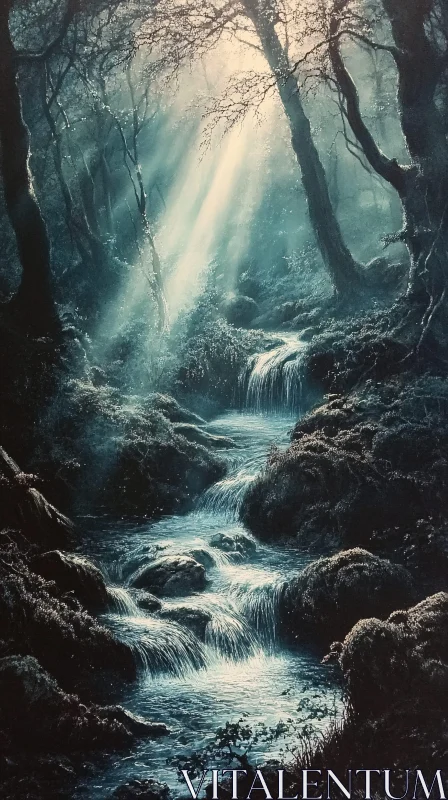 AI ART Enchanted Forest Stream with Sunlight