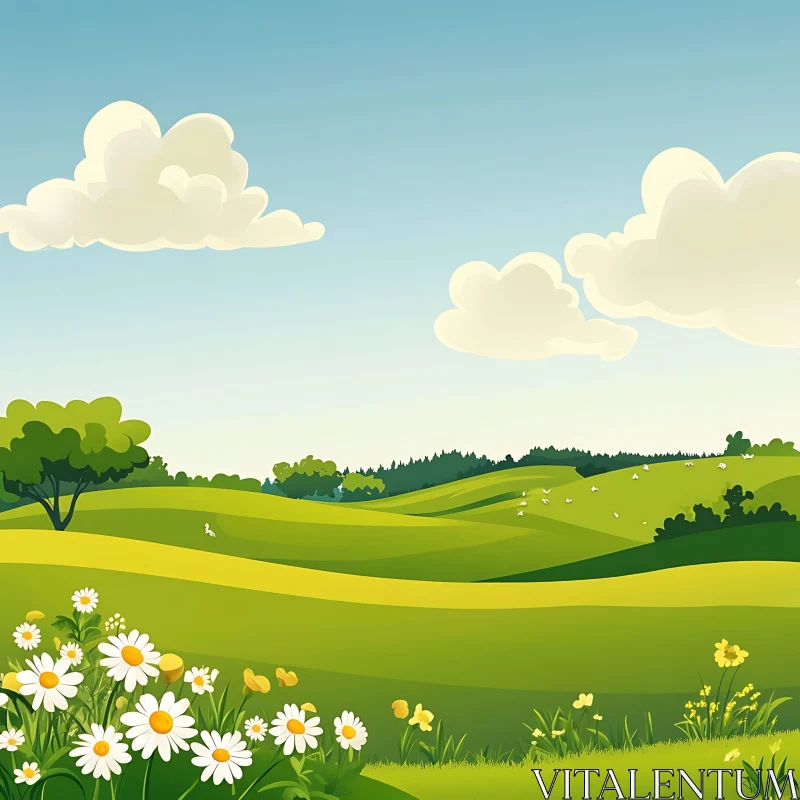 AI ART Idyllic Green Field with Flowers and Blue Sky