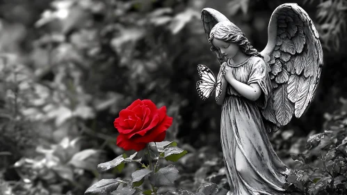 Monochrome Angel with Red Rose