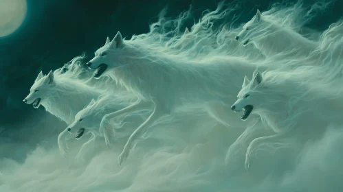 Ghostly Wolf Pack Emerging from Mist