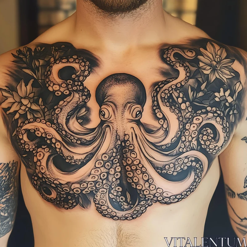 Nautical Themed Chest Tattoo with Octopus and Flowers AI Image