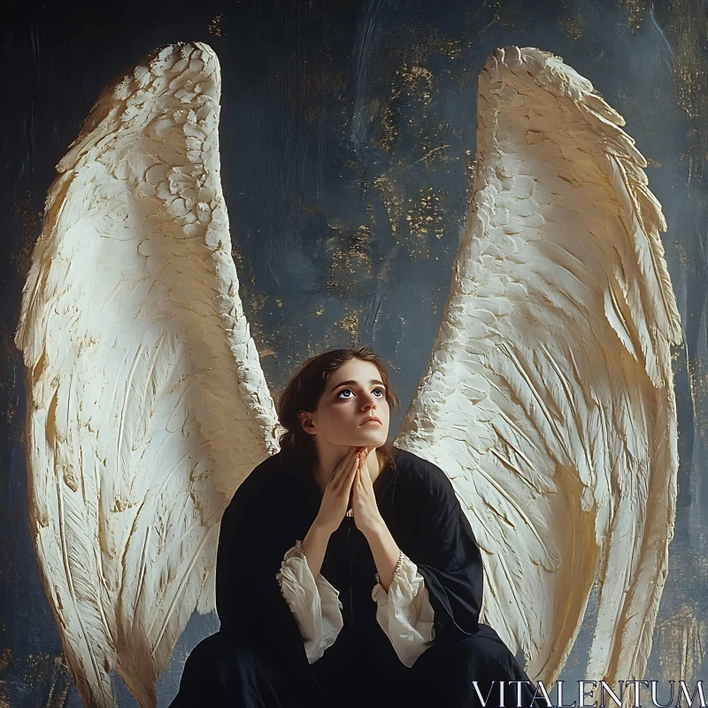 Contemplative Angel with Feathery Wings AI Image