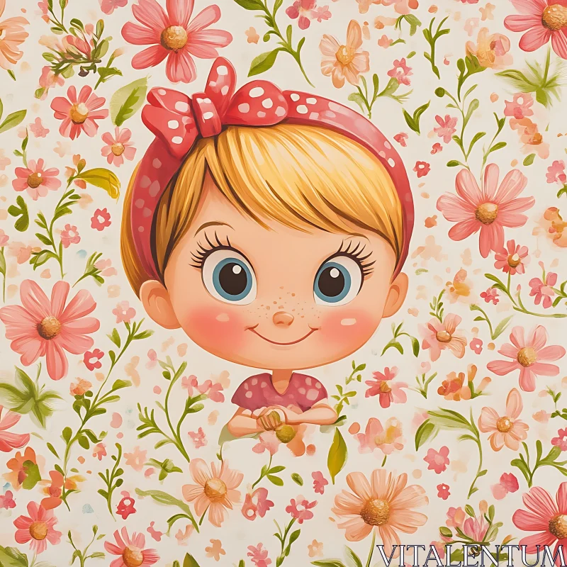 AI ART Cute Cartoon Girl Surrounded by Pink Flowers