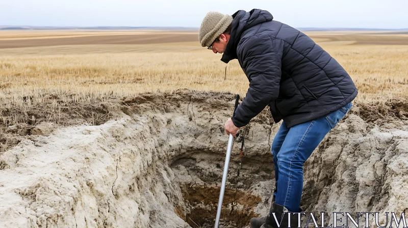 Man Examining Soil in Rural Field AI Image