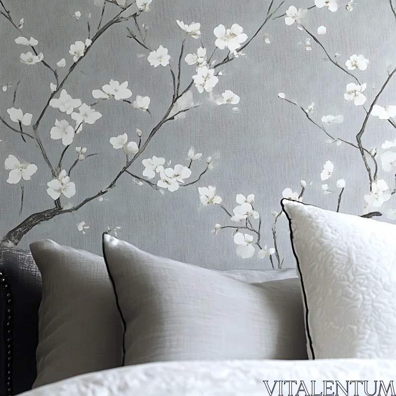 AI ART Grey Floral Wallpaper with Pillows