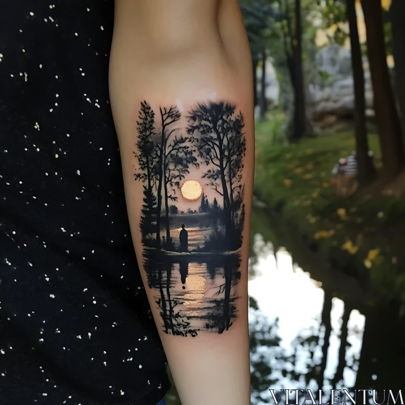 Mystical Forest Tattoo Art with Moonlight and Water Reflection AI Image