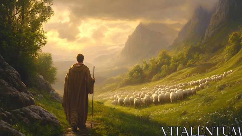 AI ART Mountain Shepherd Guiding Sheep