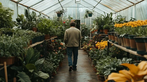 Man in Greenhouse Surrounded by Plants