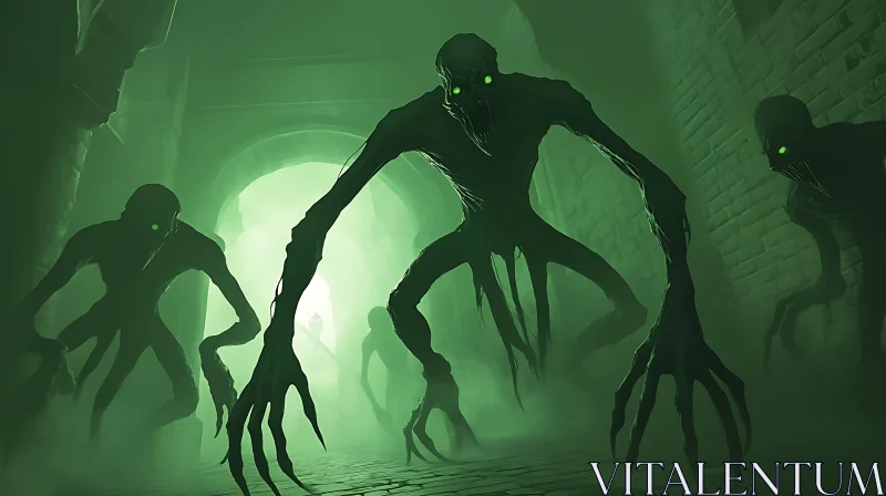 Eerie Green Figures in Corridor AI Image