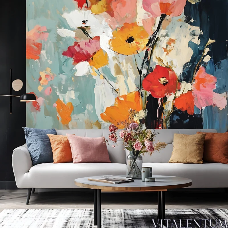 Vivid Floral Painting in Cozy Interior AI Image