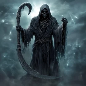 Dark Figure with Scythe in Cloudy Setting