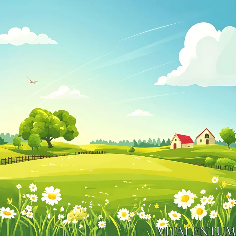 AI ART Cartoon Landscape of a Green Meadow with Flowers